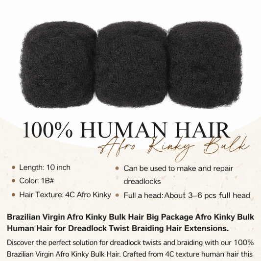 10 inches Brazilian Virgin Afro Kinky Bulk Human Hair for Dreadlock Twist Braiding Hair Extensions | 1B