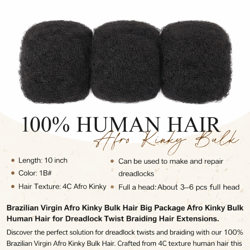 10 inches Brazilian Virgin Afro Kinky Bulk Human Hair for Dreadlock Twist Braiding Hair Extensions | 1B