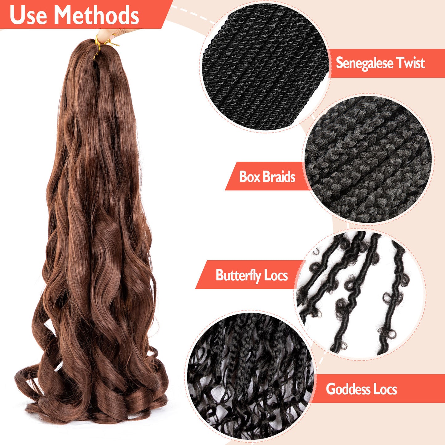 6 Packs 24 Inches Spiral French Curl Braiding Hair – Color 33 | Curly Tips | Tangle-Free